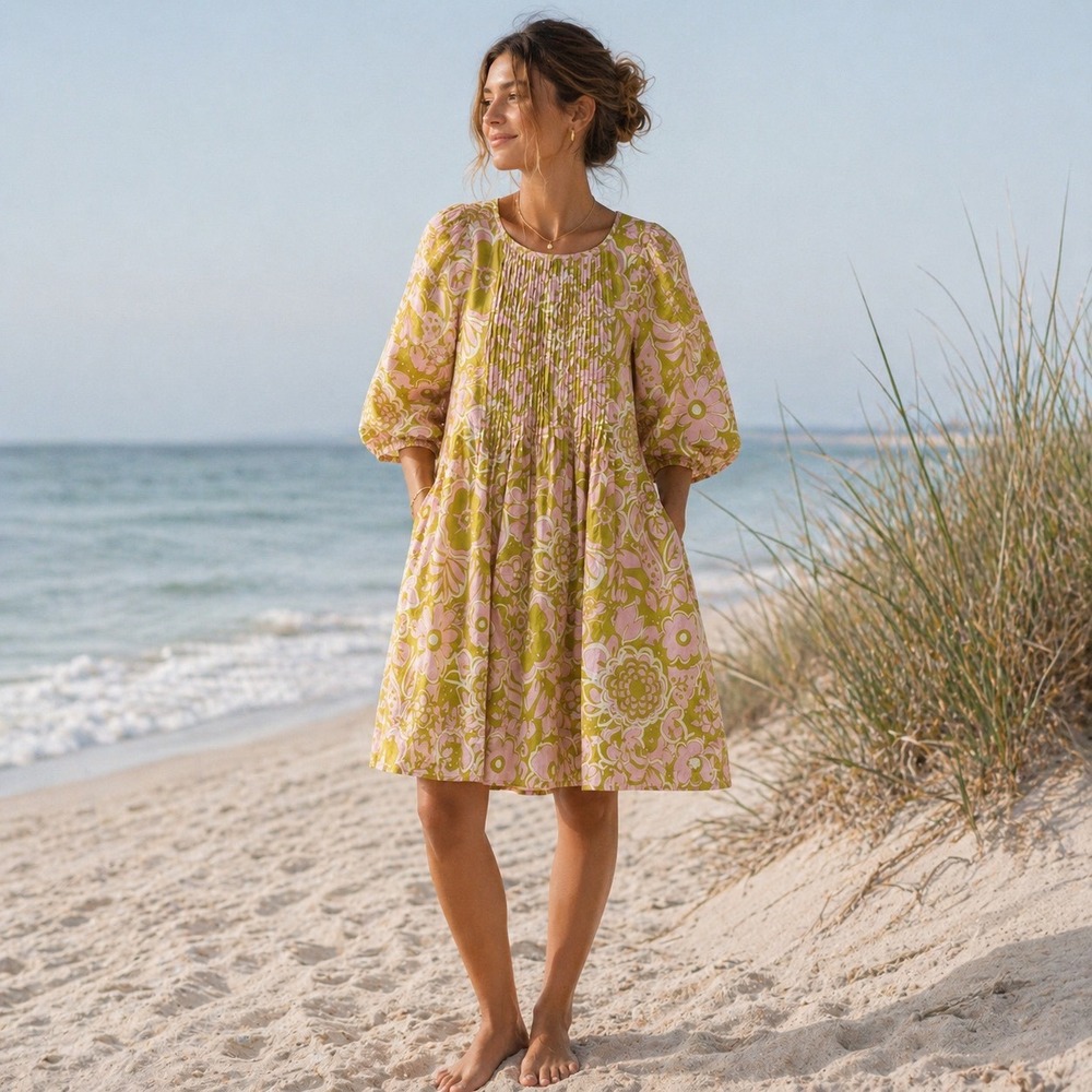 WHIT Floral Pintuck Mini Dress Womens XS Pink Organic Cotton‎ Babydoll